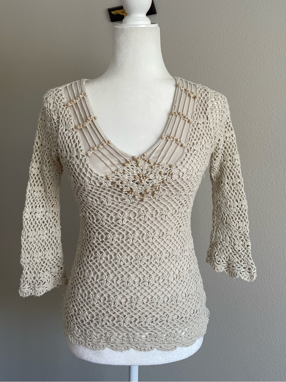 Wet Seal Beige Crochet V-Neck Knit Top